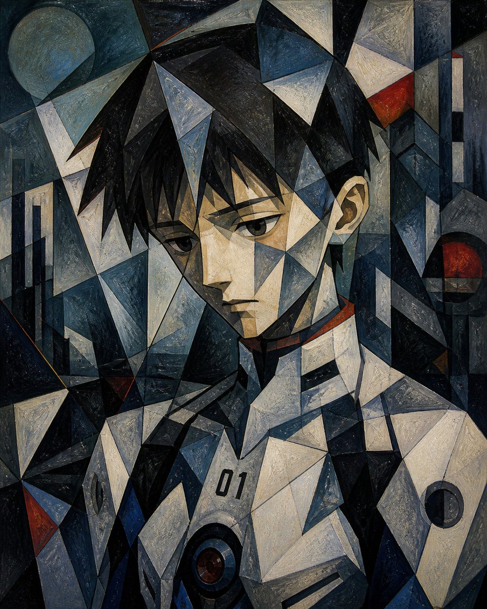 Cubist Futuristic Android Portrait Qwen Image prompt example: This generates a dark geometric cubist oil painting of a futuristic humanoid bust with abstract sci-fi armor, ideal...
