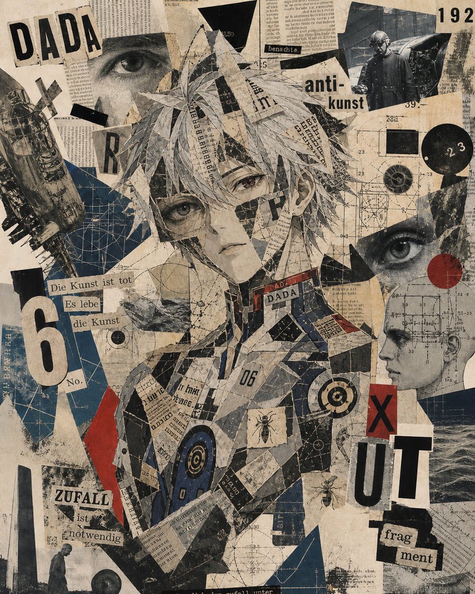 Dada Anime Collage Portrait のQwen Imageプロンプト例: This generates an avant-garde poster-style collage of an anime character built from vintage newspapers, diagrams, typography, and...