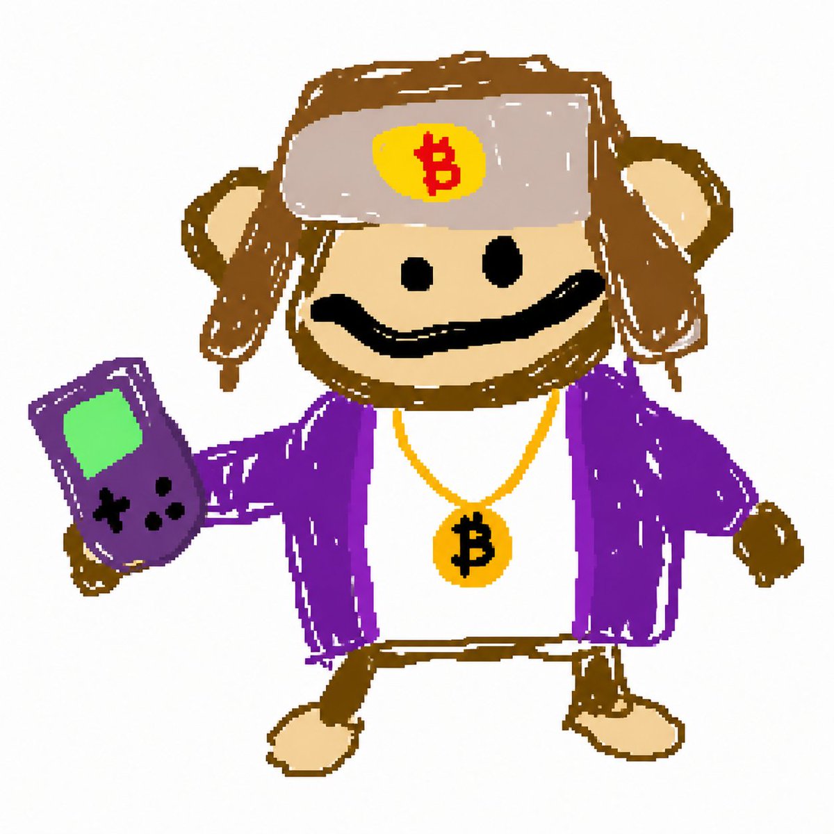 Bitcoin Monkey MS Paint Doodle Qwen Image prompt example: A rough hand-drawn cartoon monkey wearing Bitcoin-themed accessories and holding a handheld game console, ideal for meme...