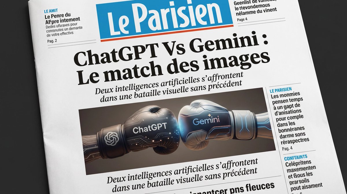 French AI Newspaper Front Page GPT Image 2 prompt example: A realistic newspaper front page featuring a dramatic AI assistant-versus-Gemini headline and boxing-glove...
