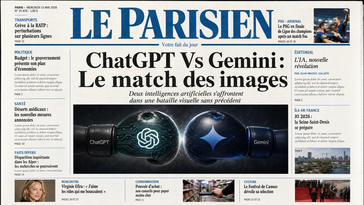 French AI Newspaper Front Page GPT Image 2 prompt example variation 2: A realistic newspaper front page featuring a dramatic AI assistant-versus-Gemini headline and boxing-glove...