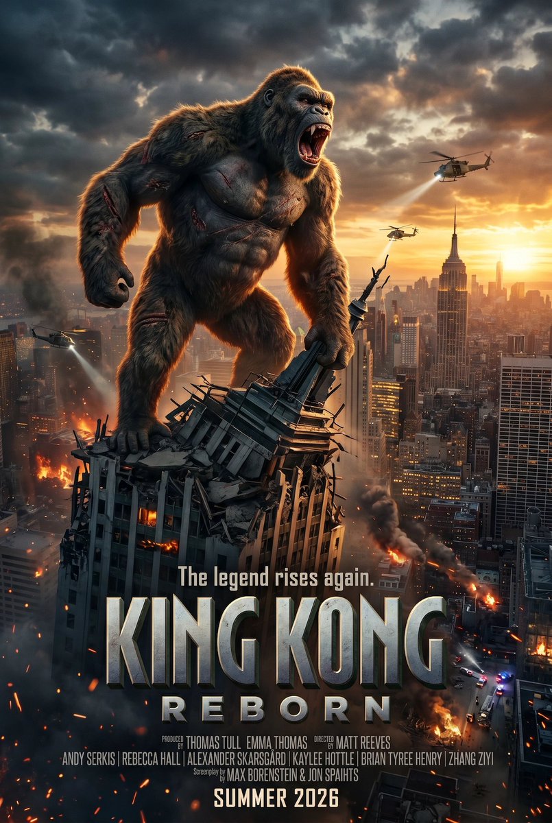 King Kong Reborn Movie Poster 的 Qwen Image 提示词示例图：A dramatic blockbuster-style giant ape movie poster with dense theatrical typography, ideal for cinematic film-poster generation...