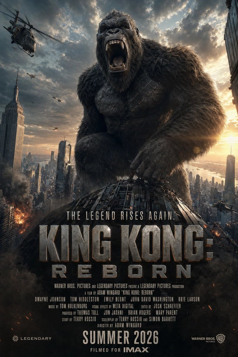 King Kong Reborn Movie Poster 的 Qwen Image 提示词示例图 变化图 2：A dramatic blockbuster-style giant ape movie poster with dense theatrical typography, ideal for cinematic film-poster...