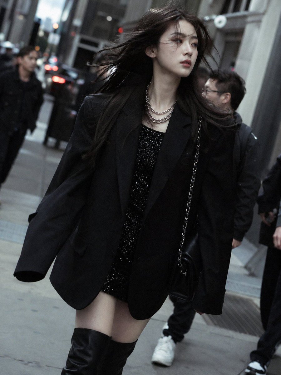 Moody Black Outfit Street Style Qwen Image prompt example variation 2: A cinematic fashion-street photo prompt for generating an upscale urban editorial look with a black blazer,...