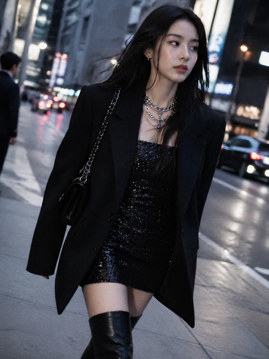 Moody Black Outfit Street Style Qwen Image prompt example variation 3: A cinematic fashion-street photo prompt for generating an upscale urban editorial look with a black blazer,...