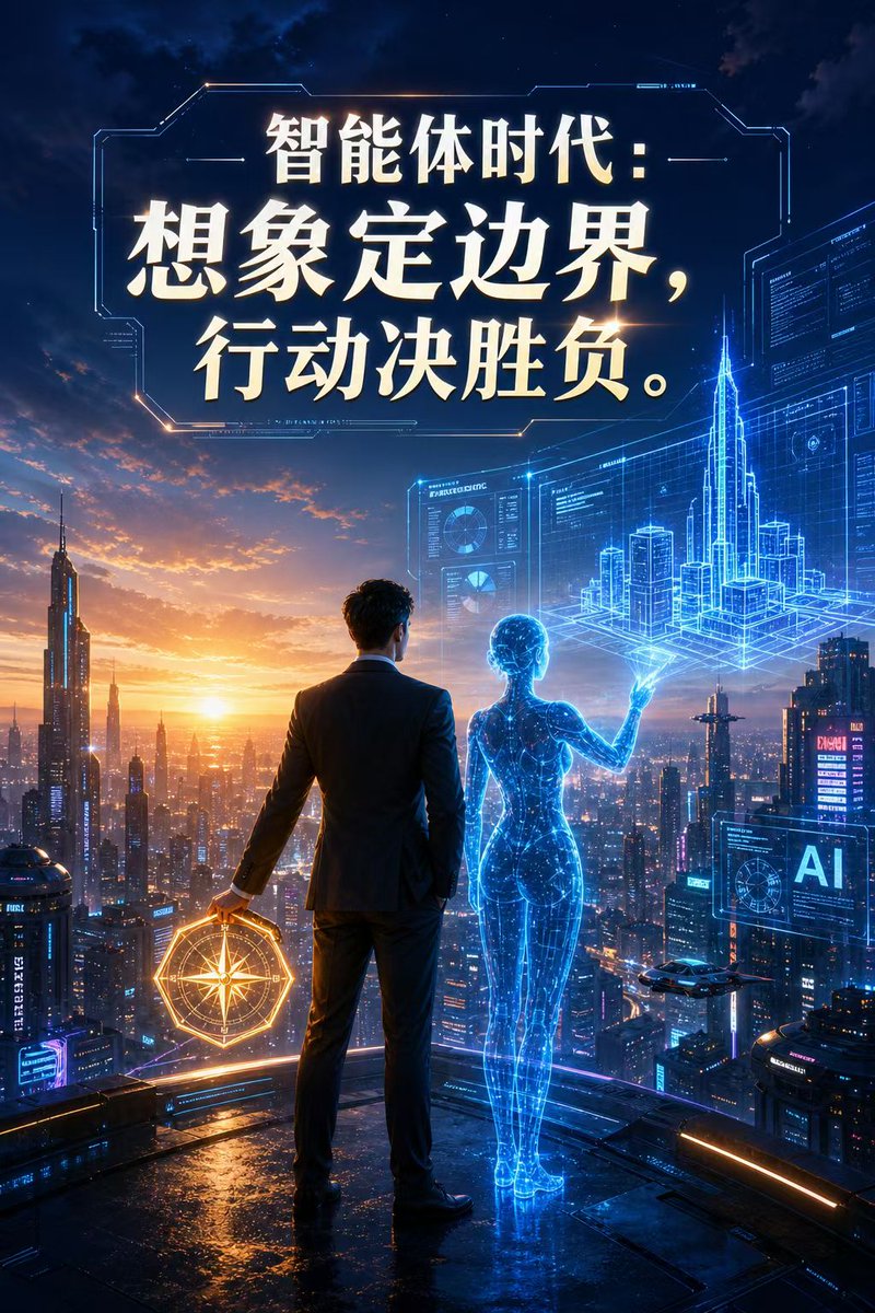 Futuristic AI Era City Poster Qwen Image prompt example: A cinematic sci-fi poster of a businessman and a holographic AI overlooking a future city, ideal for technology branding,...