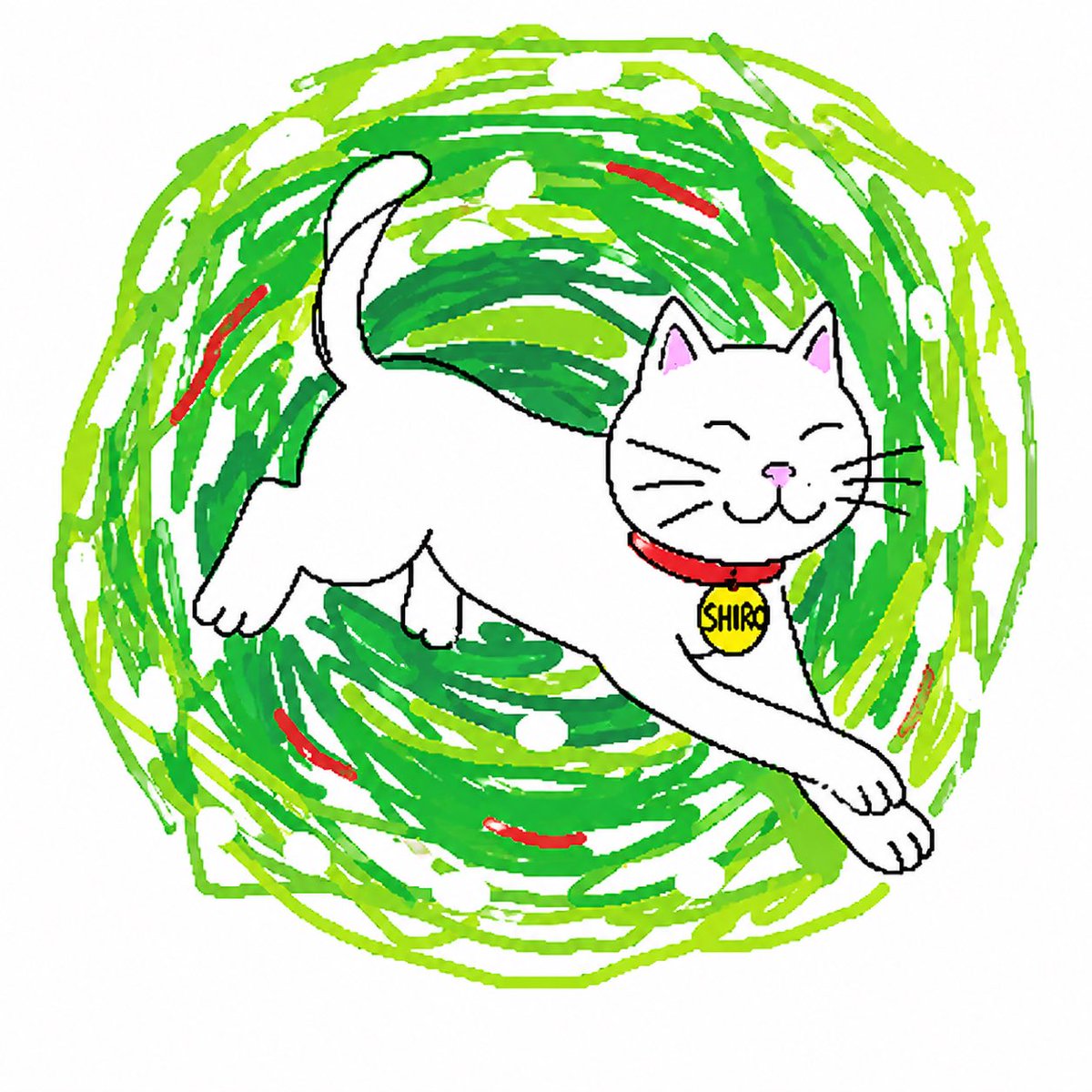 Clumsy Scribble Cat Doodle のQwen Imageプロンプト例: A goofy hand-drawn cat illustration with a chaotic green scribble vortex, ideal for meme-style character redraws and playful social...