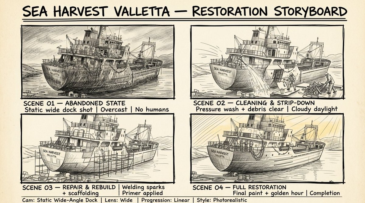Hand Drawn Sketch Storyboard Sheet Qwen Image prompt example: A detailed storyboard prompt for generating professional hand-drawn sketches on aged paper, specifically for a ship...