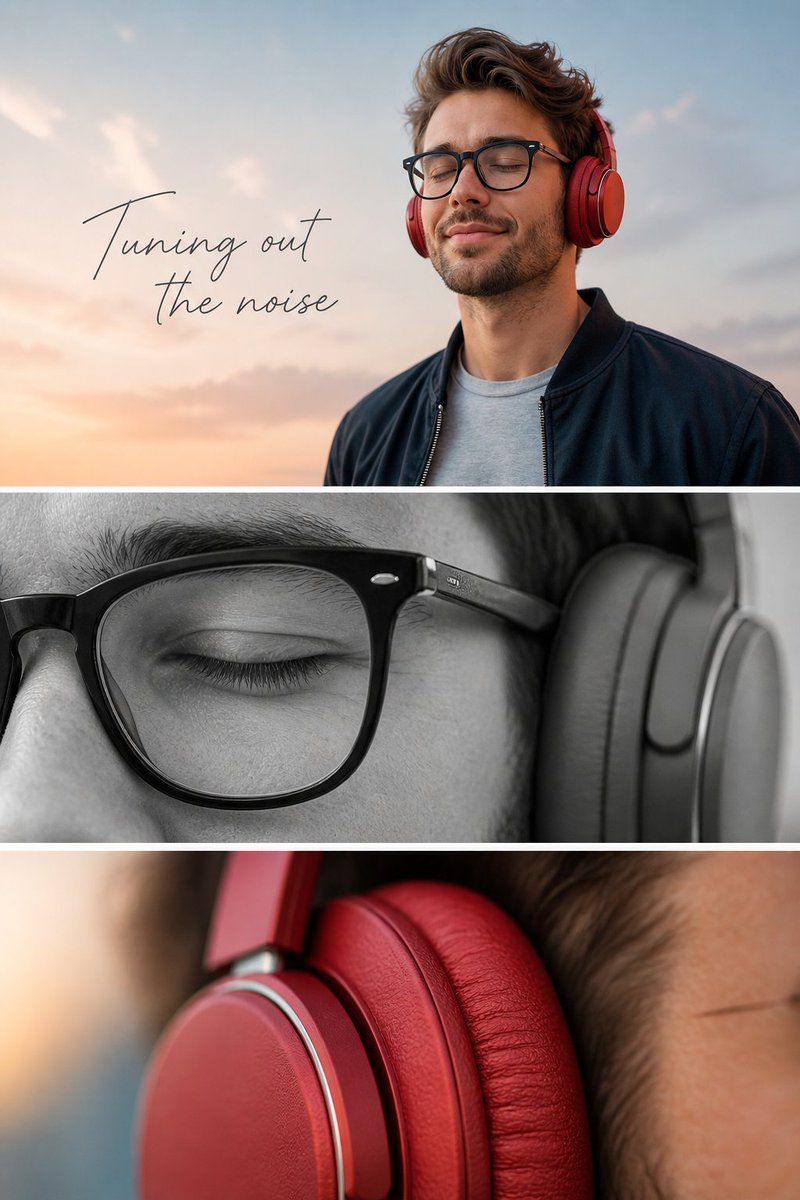 Minimalist Headphone Lifestyle Ad GPT Image 2 prompt example: A split-frame minimalist lifestyle advertisement prompt for headphones, featuring a three-part storytelling layout...