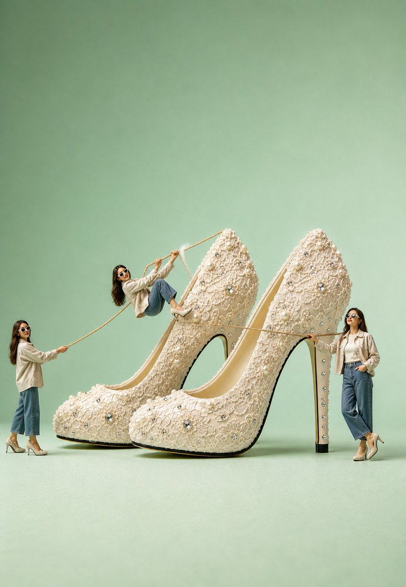 Surreal Ivory Bridal Sandal Photography Qwen Image prompt example: A luxury bridal footwear prompt featuring miniature women interacting with a giant ivory sandal in a surreal,...