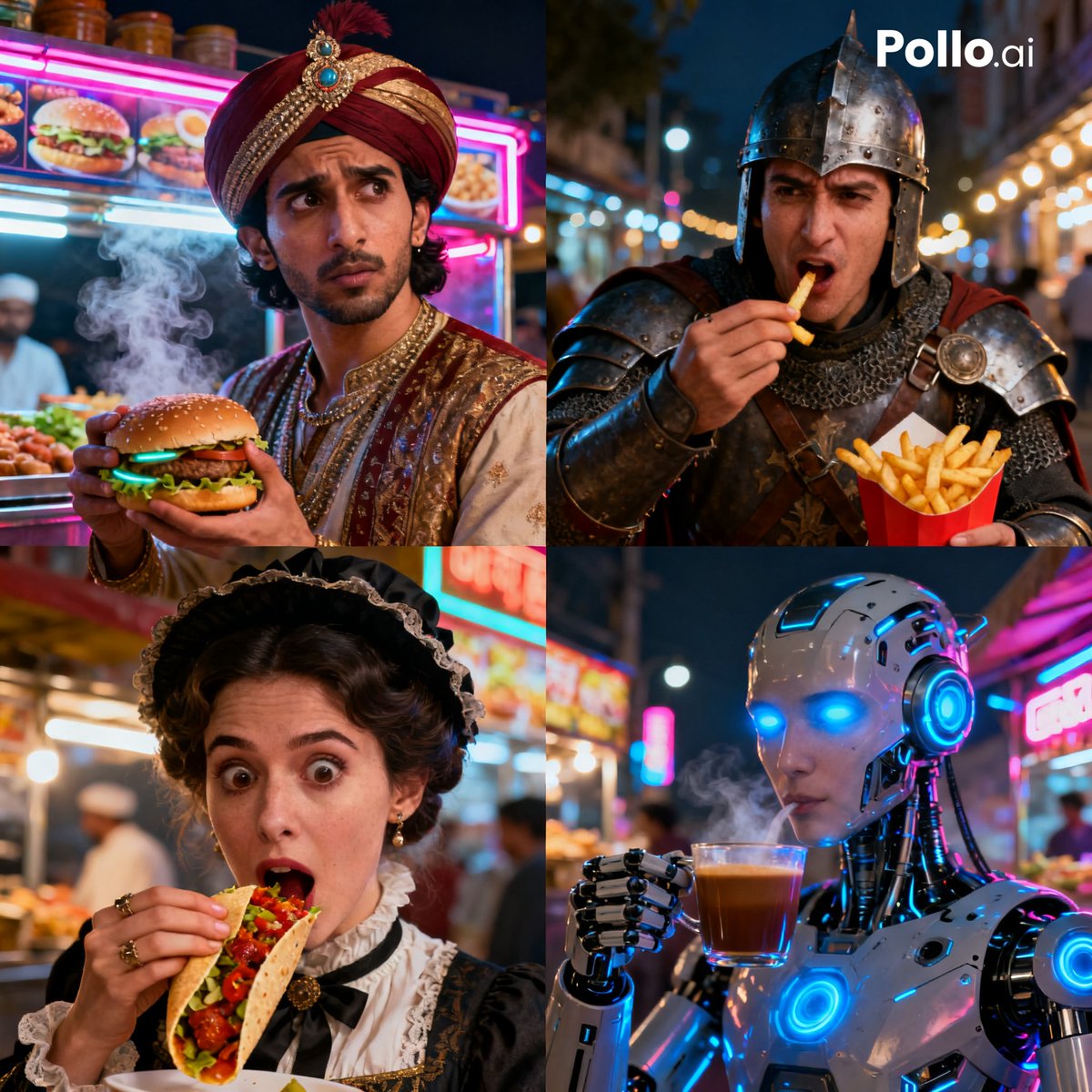 Time Traveler Night Market Grid のQwen Imageプロンプト例: A prompt for a cinematic 2x2 grid showing diverse historical characters reacting to modern street food in a vibrant neon-lit...
