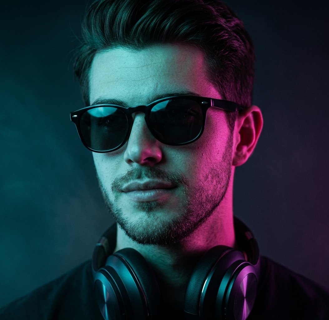 Neon Cyberpunk Portrait Qwen Image prompt example: A moody cinematic portrait featuring neon split-tone lighting and a sharp, luxury tech advertisement aesthetic.