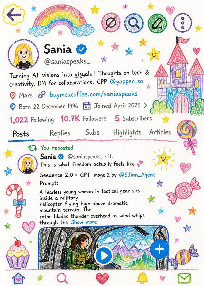 Crayon Style Child Illustration 的 Qwen Image 提示词示例图:A whimsical prompt that creates a hand-drawn social media profile scene in a naive crayon style, mimicking the imagination and...