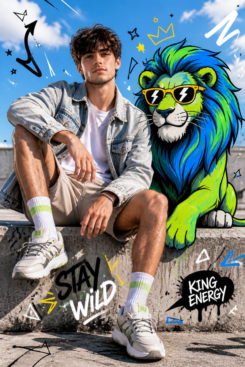 Fashion Editorial with Cartoon Fusion Qwen Image prompt example: An urban fashion editorial shot blended with stylized cartoon elements, creating a surreal mixed-media aesthetic...