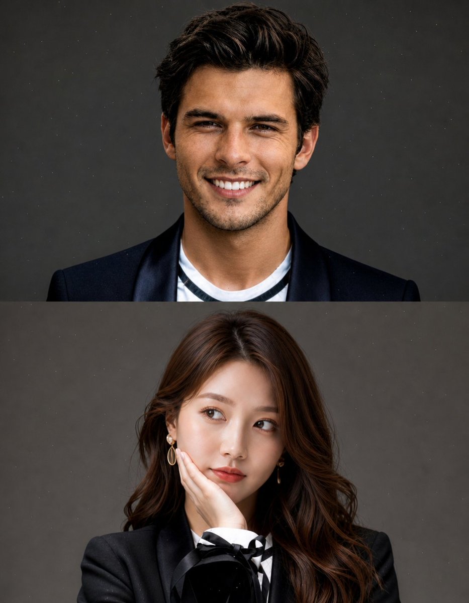 Split Portrait Editorial Photography Qwen Image prompt example: A complex studio-style portrait prompt that creates a vertical split composition, ideal for seamless face-swapping...