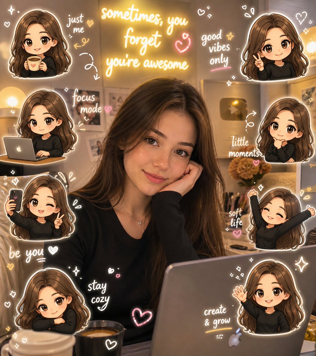 Chibi Avatar Scrapbook Photo Qwen Image 프롬프트 예시: A creative prompt that transforms a portrait into a scrapbook composition by adding multiple chibi versions of the subject with...