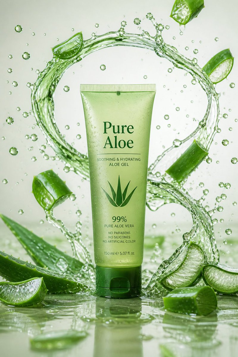 Pure Aloe Skincare Commercial GPT Image 2 prompt example: A high-end skincare commercial style prompt for a product shot of aloe gel, featuring vibrant arcs of juice and...