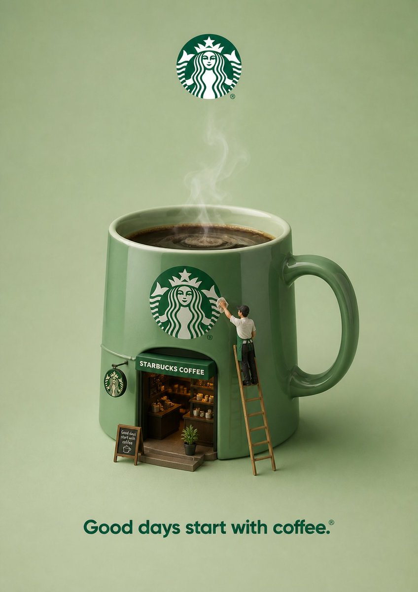 3D Brand Advertisement Mockup Qwen Image 프롬프트 예시: A professional prompt for creating minimal 3D advertisements featuring surreal objects, miniature figures, and clean layouts for...