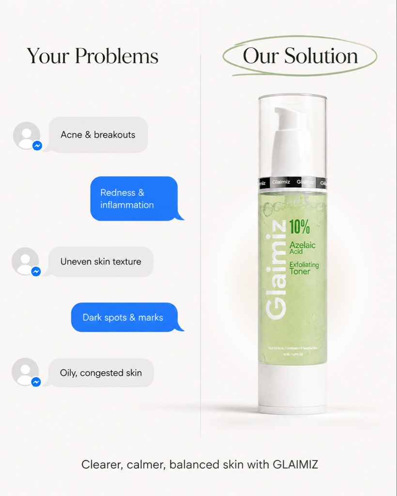 Skincare Split Ad Layout Qwen Image prompt example: Generates a professional clinical skincare advertisement using a clean split-screen layout to compare 'problems' vs...