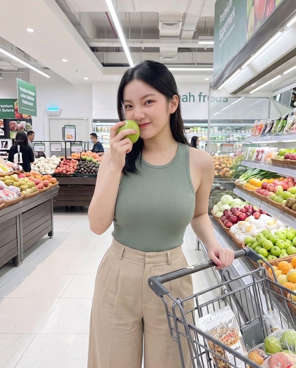 Modern Grocery Store Lifestyle Portrait のQwen Imageプロンプト例 バリエーション 2: A clean, contemporary lifestyle photo of a woman shopping for produce in a well-lit, realistic supermarket...