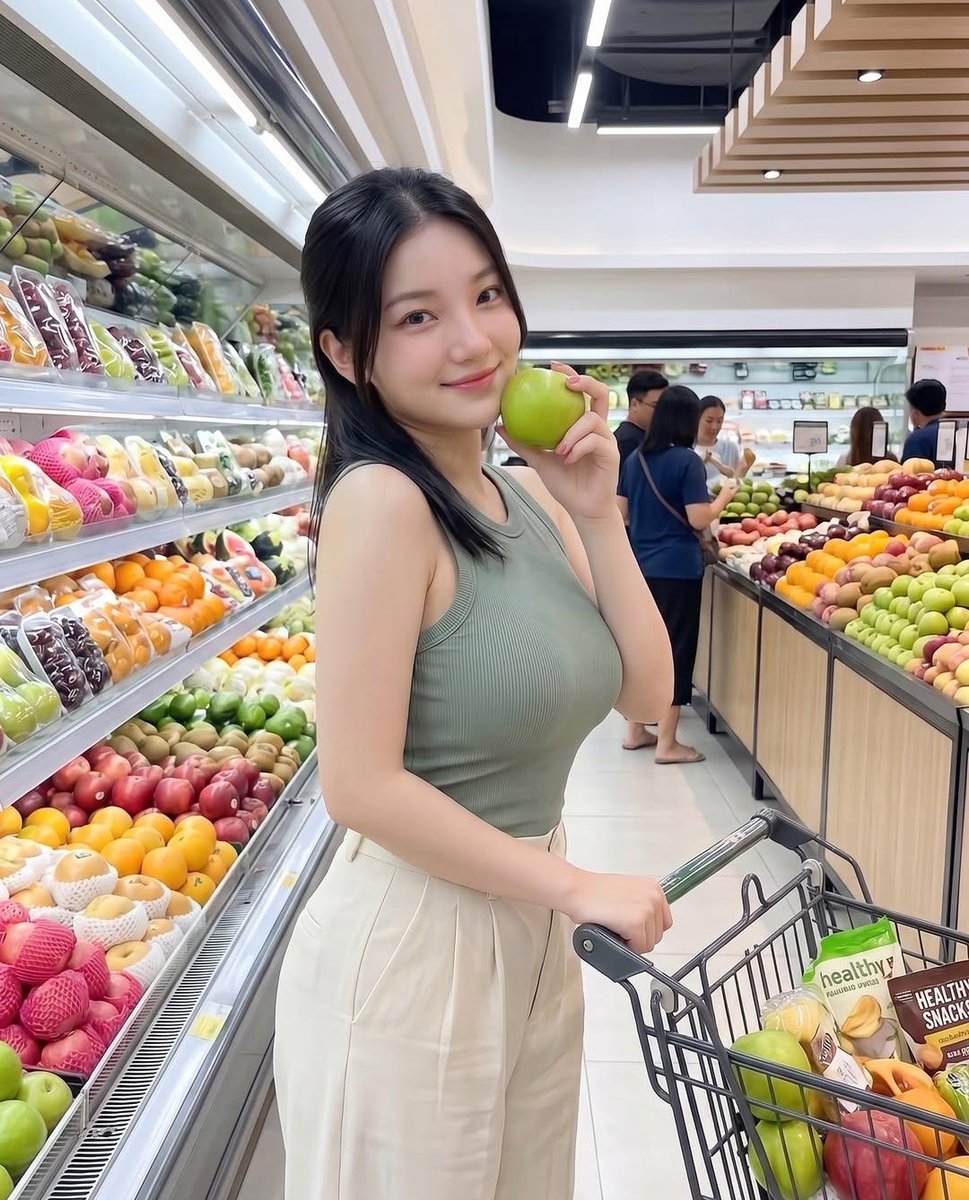 Modern Grocery Store Lifestyle Portrait のQwen Imageプロンプト例: A clean, contemporary lifestyle photo of a woman shopping for produce in a well-lit, realistic supermarket environment.