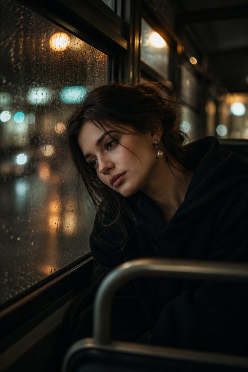 Melancholic Rainy Night Bus Portrait GPT Image 2 prompt example: A cinematic portrait of a woman leaning against a rain-speckled bus window at night with warm city bokeh...