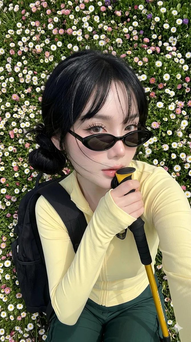 Spring Daisy Field Portrait Qwen Image prompt example variation 3: A photorealistic portrait of a woman lying in a field of daisies with bright natural sunlight and fresh spring...