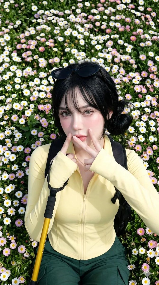 Spring Daisy Field Portrait Qwen Image prompt example variation 2: A photorealistic portrait of a woman lying in a field of daisies with bright natural sunlight and fresh spring...