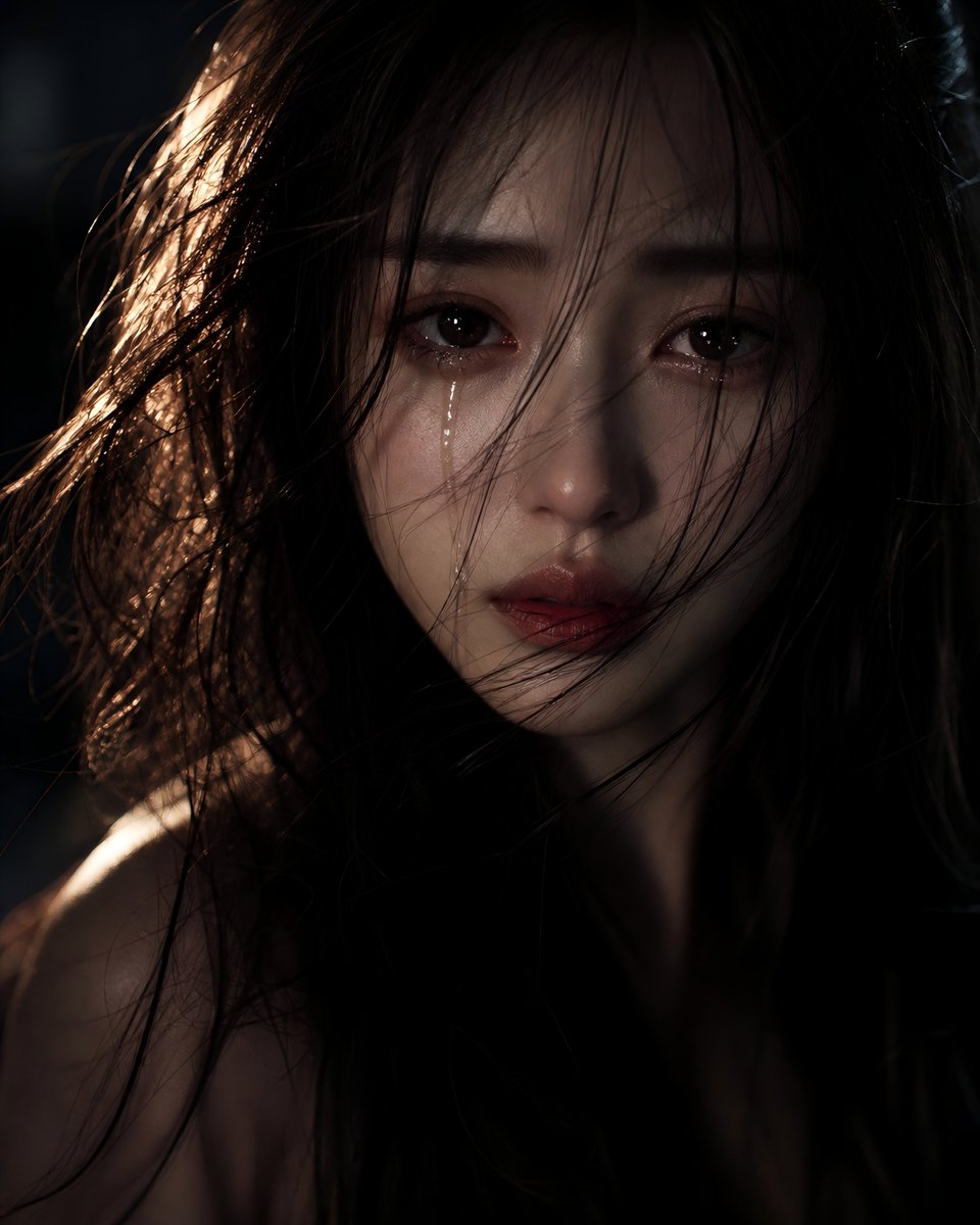 Sorrowful Night Cinematic Portrait Qwen Image prompt example: A cinematic close-up prompt focused on lighting and texture to convey a mysterious and sorrowful atmosphere.
