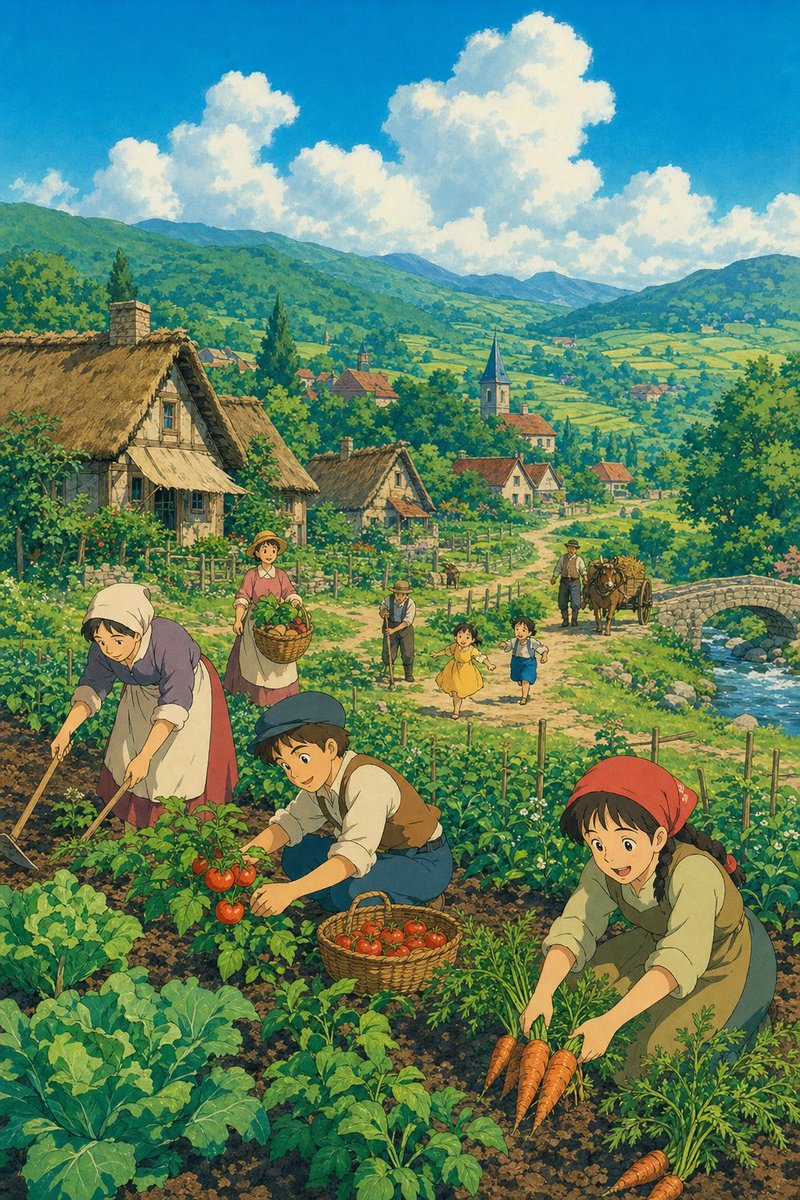 Ghibli Style Pastoral Village 的 Qwen Image 提示词示例图:A nostalgic 2D animation prompt inspired by Studio Ghibli, featuring a peaceful rural village with lush watercolor backgrounds.