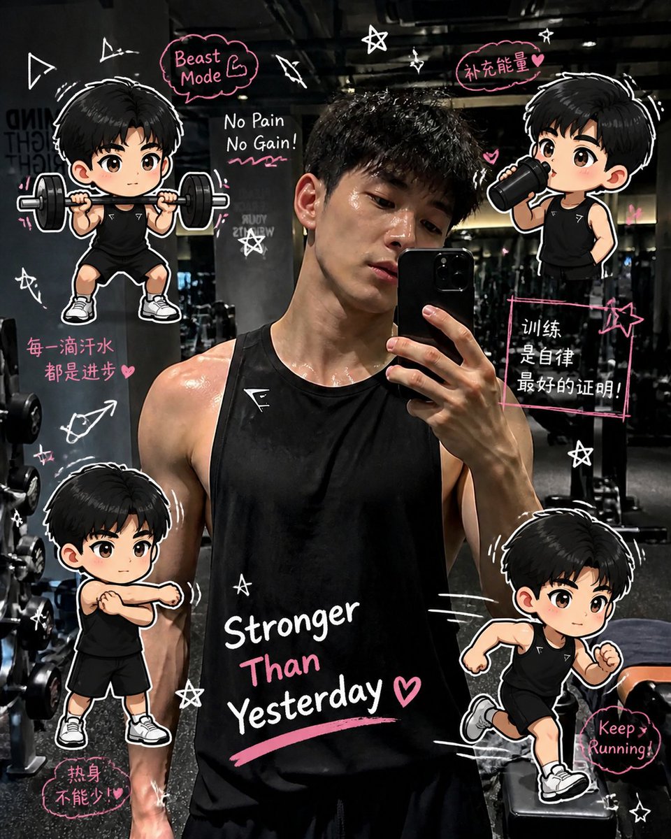 Gym Photo Chibi Transformation Qwen Image prompt example: A prompt for editing gym photos to include adorable mini Chibi characters and scrapbook-style doodles while preserving...