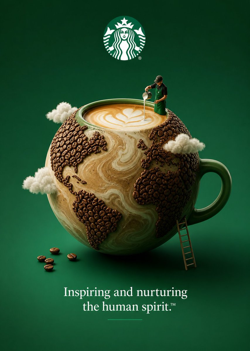 Brand Concept Visualizations 的 Qwen Image 提示词示例图:A set of creative prompts for visualizing iconic brands like Starbucks, Apple, and sportswear brand as surreal, nature-integrated...