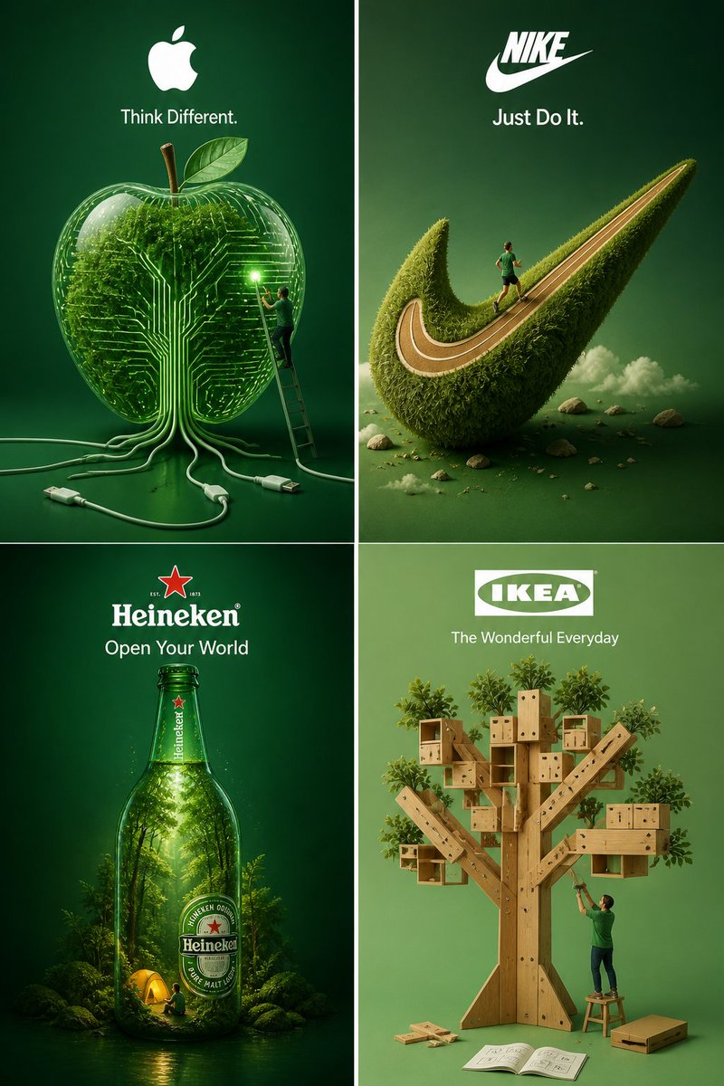 Brand Concept Visualizations 的 Qwen Image 提示词示例图 变化图 2:A set of creative prompts for visualizing iconic brands like Starbucks, Apple, and sportswear brand as surreal,...