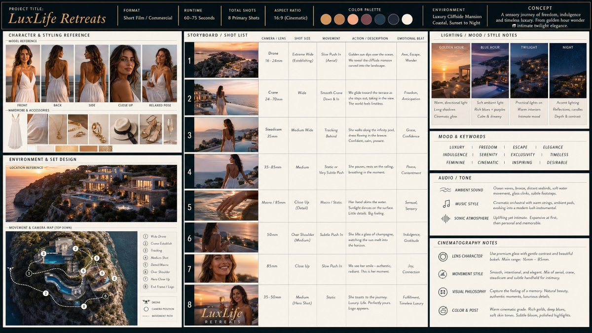 Cinematic Storyboard Production Board GPT Image 2 prompt example: A comprehensive prompt for creating professional visual planning sheets for commercials, including shot lists...