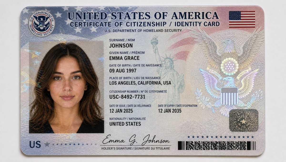 US Citizenship Identity Card Mockup GPT Image 2 prompt example: A highly technical prompt for generating a hyper-detailed, realistic United States citizenship card with security...