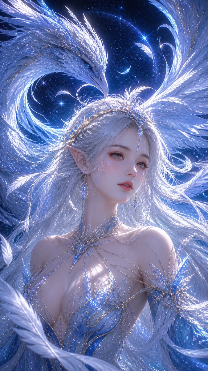 Fantasy Ice Phoenix Goddess Illustration Qwen Image prompt example variation 2: A high-detail 3D CG illustration of a mystical silver-haired goddess accompanied by a glowing blue...