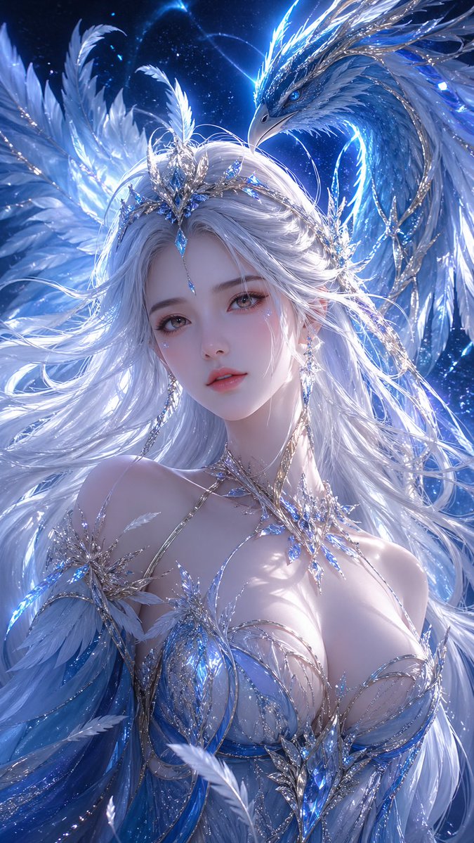 Fantasy Ice Phoenix Goddess Illustration Qwen Image prompt example: A high-detail 3D CG illustration of a mystical silver-haired goddess accompanied by a glowing blue ice phoenix...