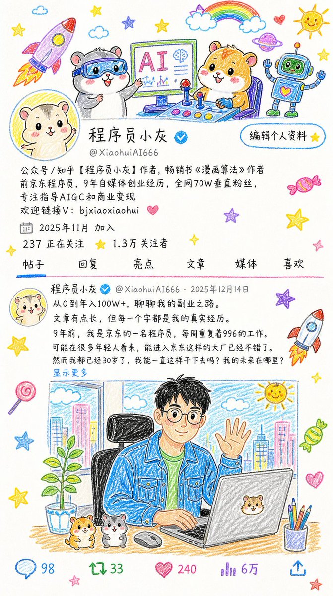 Crayon Drawing Style Redraw Qwen Image 프롬프트 예시: Redraws an image in a naive, colorful crayon illustration style, perfect for creating cute and whimsical children's book-style art.