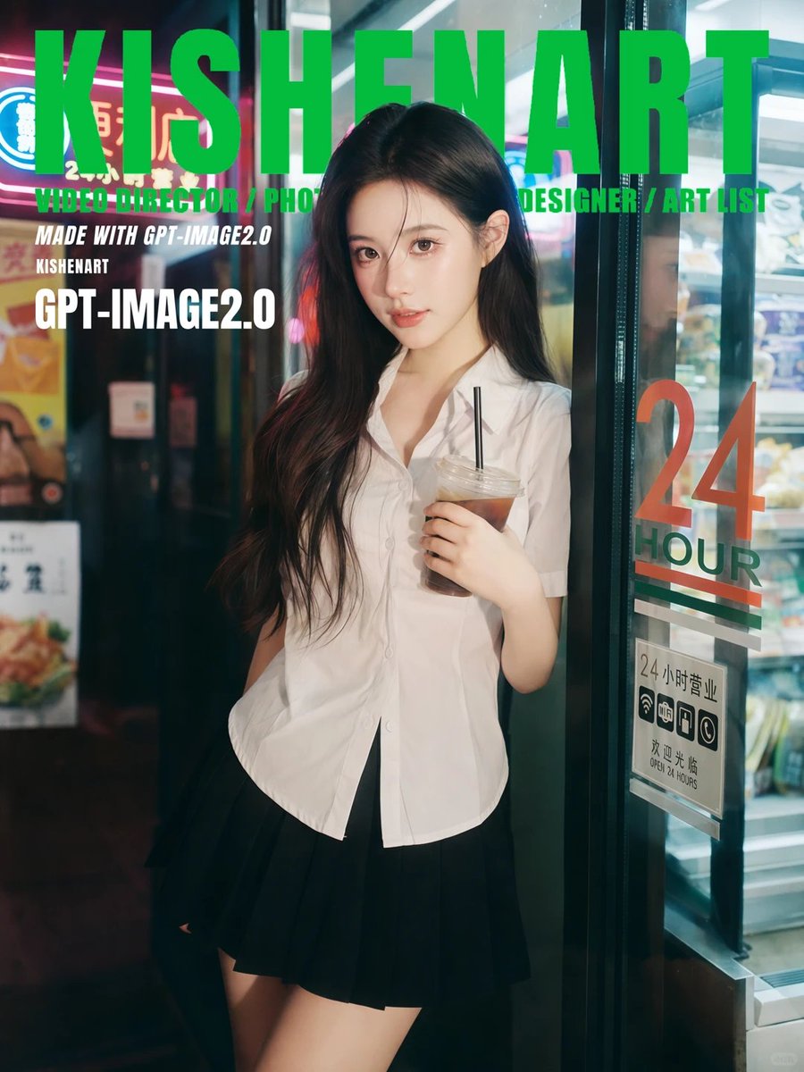 Ultra-Realistic 35mm Film Portrait のQwen Imageプロンプト例: A high-fidelity prompt for a cinematic 35mm film-style portrait set in a neon-lit convenience store, focusing on realistic...