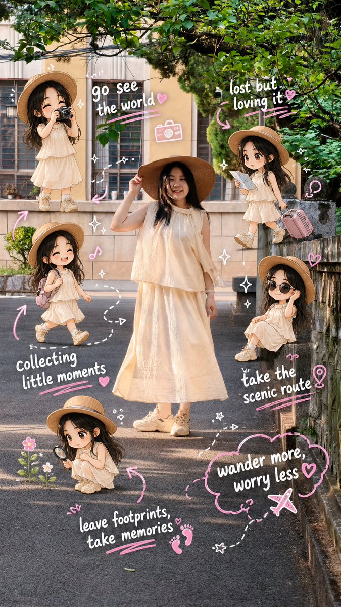 Travel Scrapbook Chibi Collage Creator 的 Qwen Image 提示词示例图 变化图 2:A detailed prompt for creating cute chibi-style overlays for travel photos, maintaining the original background...