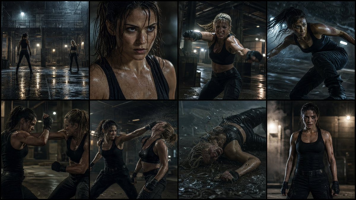 Cinematic Action Movie Storyboard Qwen Image prompt example: An intensive prompt for generating a precise 8-panel action movie storyboard with dramatic lighting and gritty film...
