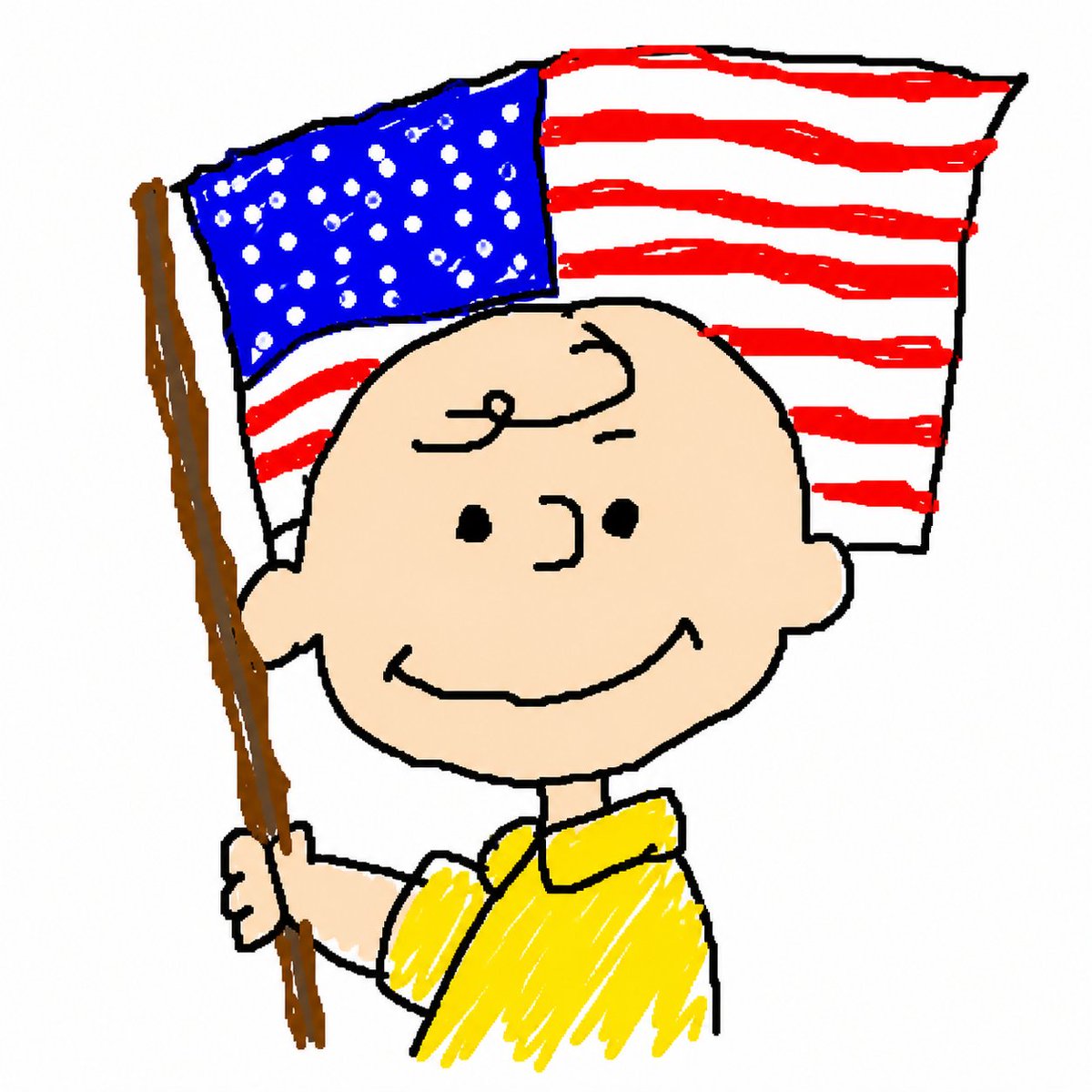 MS Paint Charlie Brown Flag Doodle Qwen Image prompt example: Generates a crude MS Paint-style cartoon of Charlie Brown smiling while holding an American flag, useful for playful...
