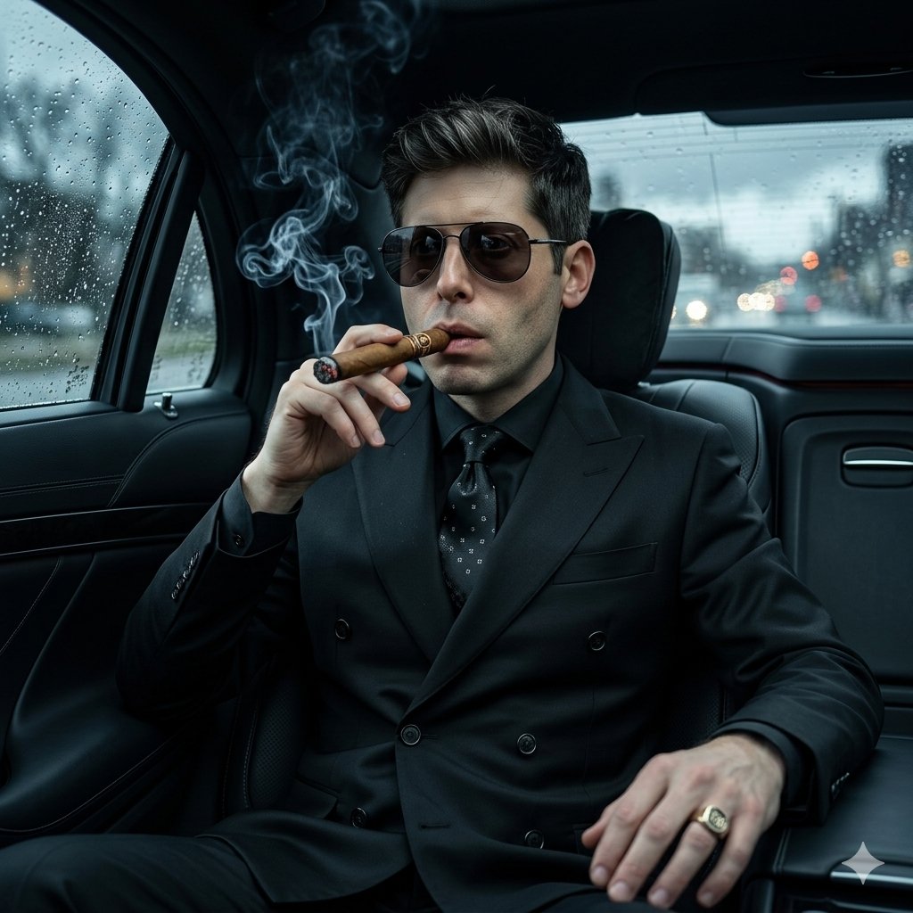 Noir Mafia Boss Car Portrait GPT Image 2 prompt example variation 2: A cinematic hyper-realistic portrait of a suited mafia boss seated in a luxury black car with smoke, storm...