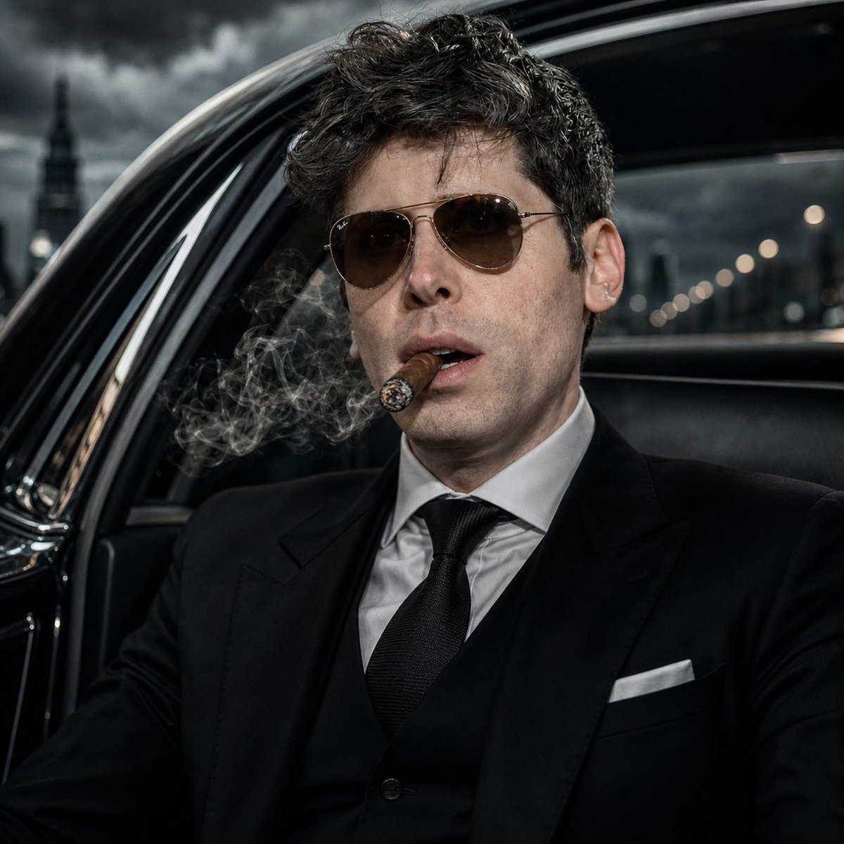 Noir Mafia Boss Car Portrait GPT Image 2 prompt example: A cinematic hyper-realistic portrait of a suited mafia boss seated in a luxury black car with smoke, storm clouds, and...