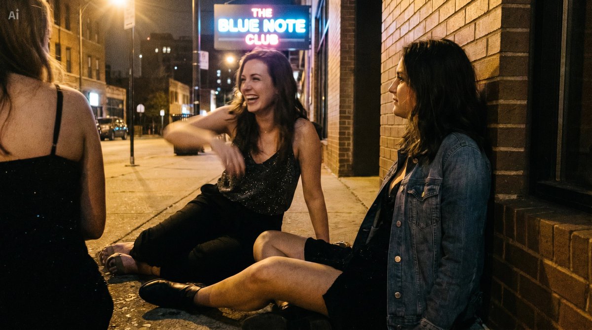 Candid Nightclub Sidewalk Scene 的 Qwen Image 提示词示例图:Generates a realistic cinematic nighttime street photo of three anonymized women sitting outside a neon-lit jazz club.
