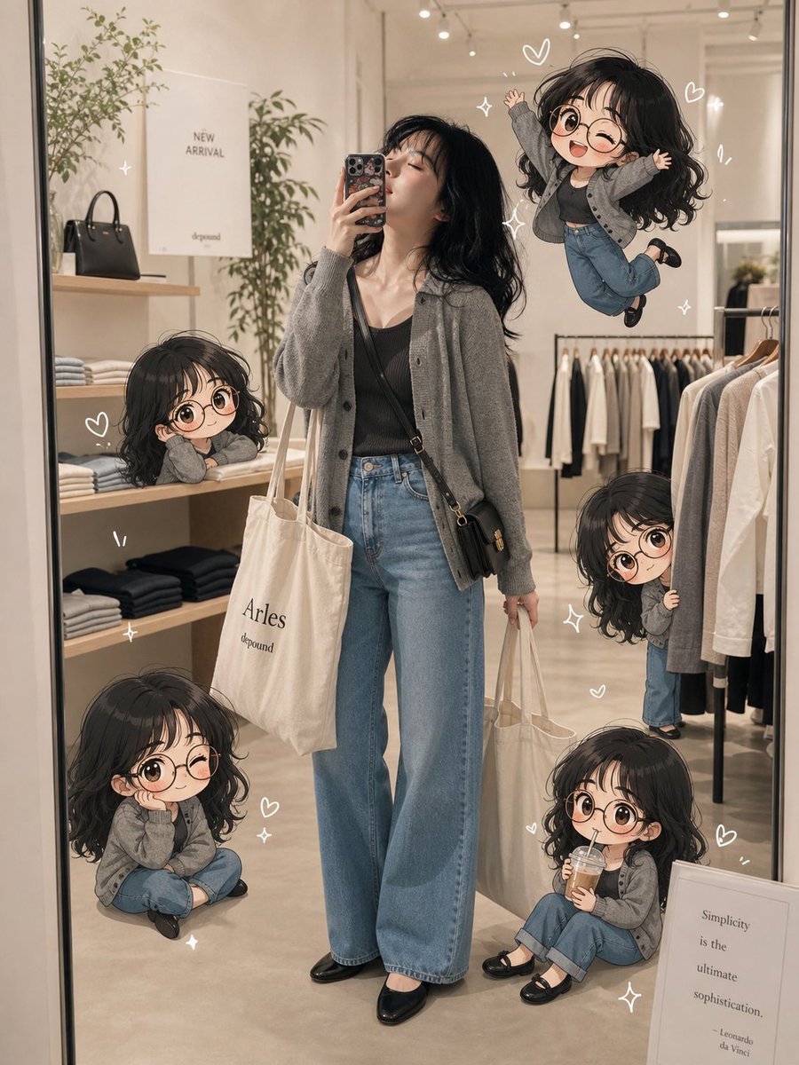Chibi Boutique Mirror Selfie 的 GPT Image 2 提示词示例图：Generates a stylish boutique mirror selfie transformed into a scrapbook diary scene with five cute chibi versions of the subject.