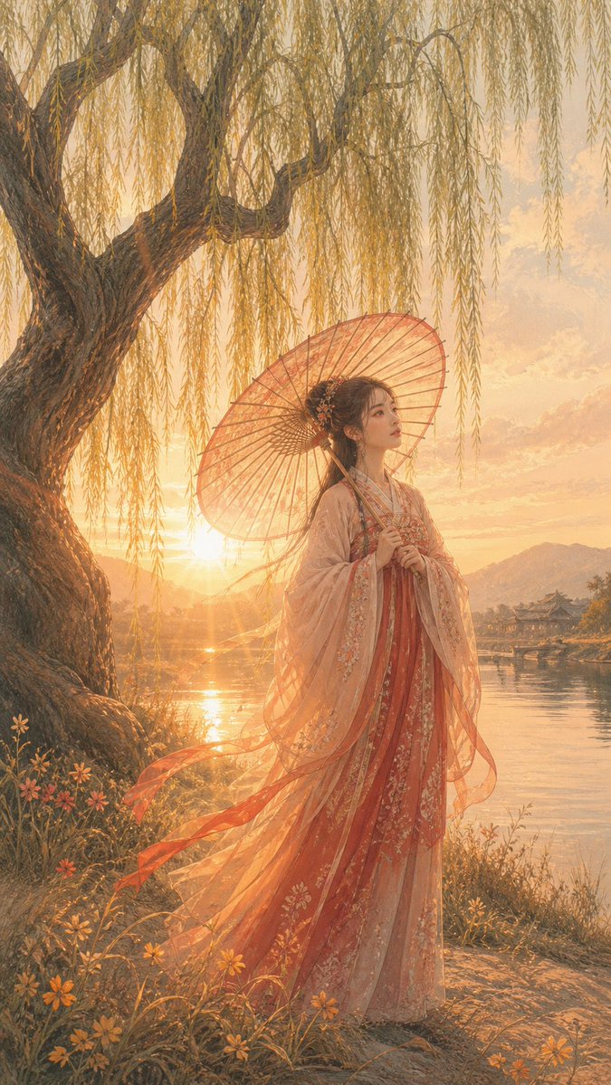 Sunset Hanfu Willow Lakeside Portrait GPT Image 2 prompt example: Generates a romantic vertical fantasy portrait of a hanfu-clad woman with a parasol by a willow-lined lake at...