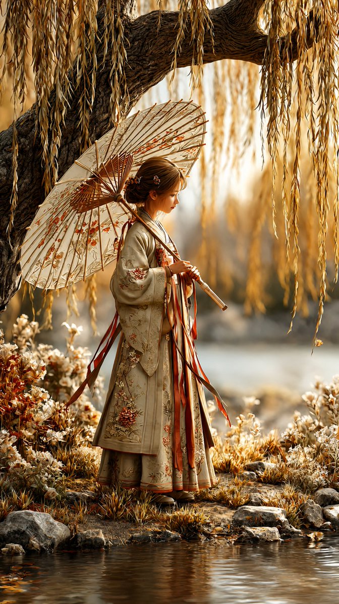 Autumn Willow Hanfu Poster Qwen Image prompt example variation 2: Generates a vertical cinematic historical East Asian fashion poster with a hanfu-clad woman, floral parasol,...