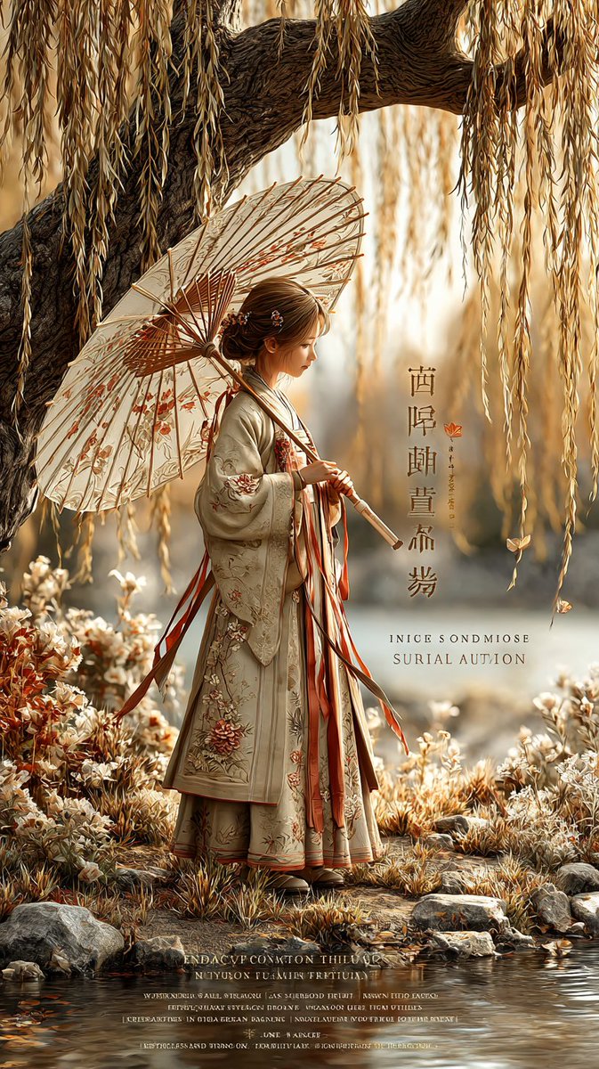 Autumn Willow Hanfu Poster Qwen Image prompt example: Generates a vertical cinematic historical East Asian fashion poster with a hanfu-clad woman, floral parasol, willow...