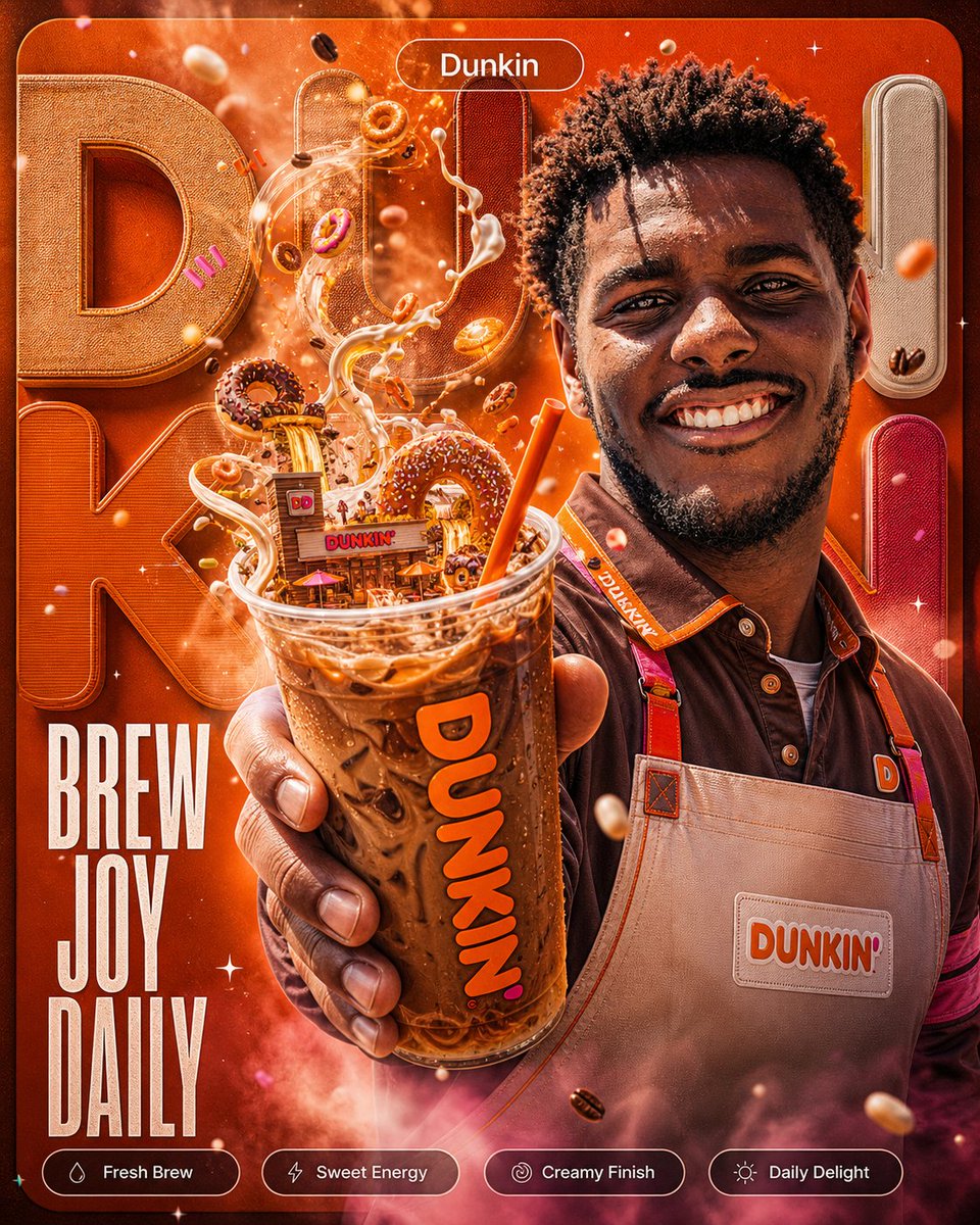 Dunkin Iced Coffee Poster Qwen Image prompt example: A hyper-detailed vertical advertising poster featuring a Dunkin-style barista holding an iced coffee with surreal floating...